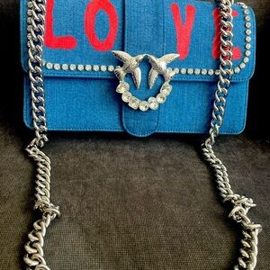 Pinko Denim Love Bag with Rhinestones